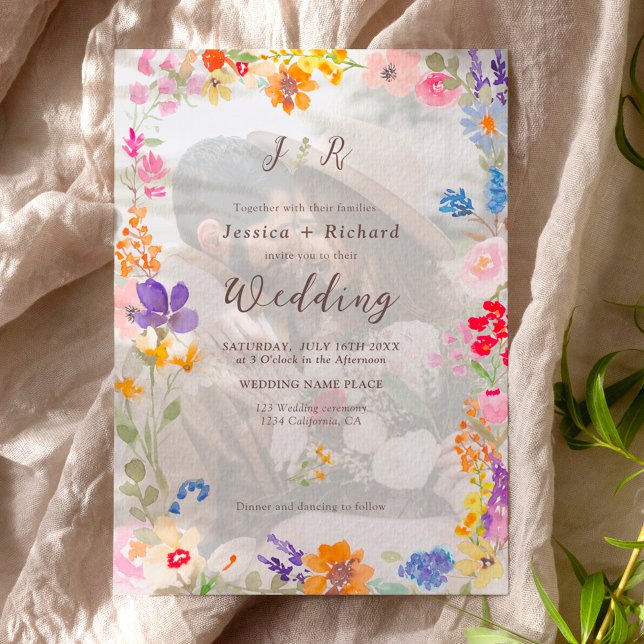 Invitation Boho jardin été floral 2 photo initiales mariage (Boho garden summer floral 2 photo initials wedding invitation)