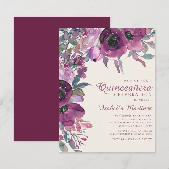 Invitation Boho Jardin violet Lilac Script Floral Quinceañera (Devant / Derrière)