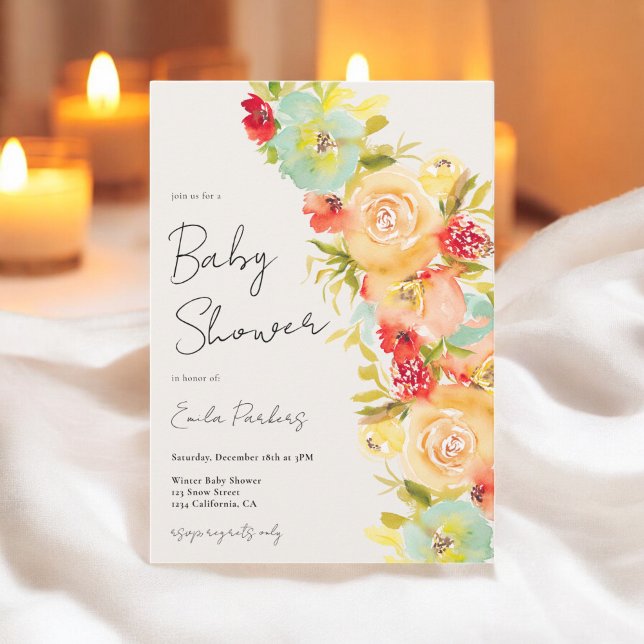 Invitation Boho jaune Chic Bleu baby shower d'hiver Floral (Yellow boho Chic Blue Floral Winter baby shower Invitation)