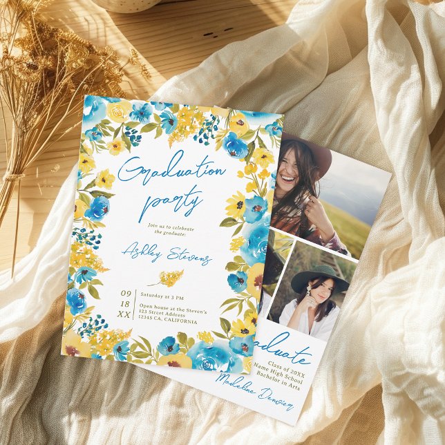Invitation Boho Jaune et Flore Bleue 3 Diplôme photo (Boho Yellow and Blue Floral 3 Photo Graduation Invitation)