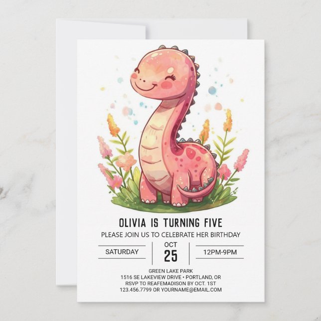 Invitation Boho Joyeux Dinosaure Rose fille Anniversaire (Devant)