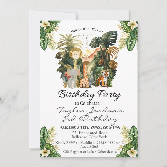 Invitation Boho Jungle Animaux fête d'anniversaire (Devant)