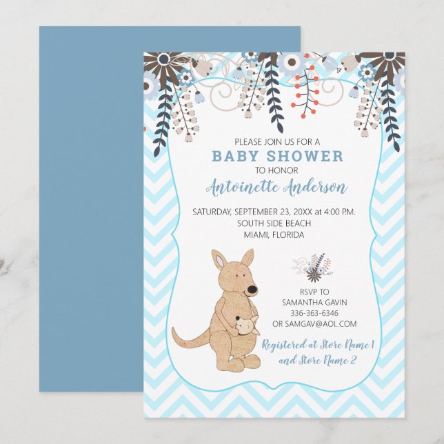 Invitation Boho Kangaroo Aquarelle Floral Boy Baby shower (Devant / Derrière)