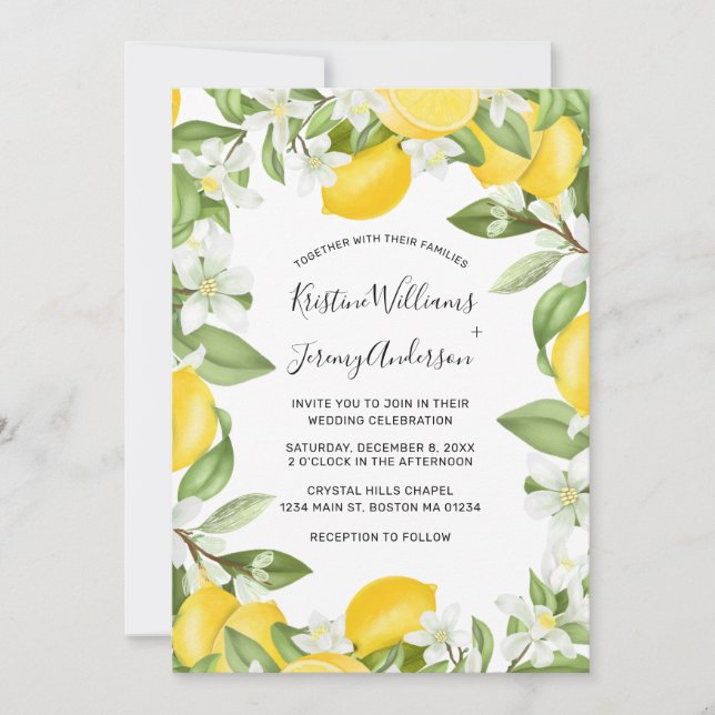 Invitation Boho Lemons Aquarelle Blanc Floral Mariage (Devant)