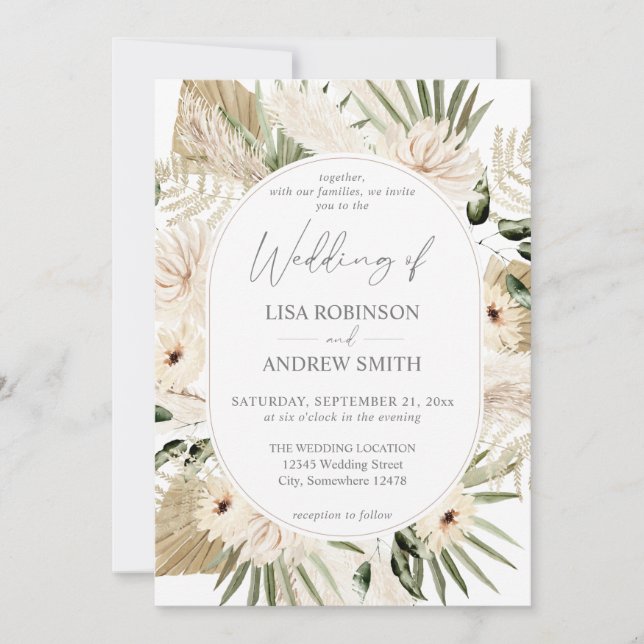 Invitation Boho LG Texte Pampas Grass & Beige 2 Floral Mariag (Devant)