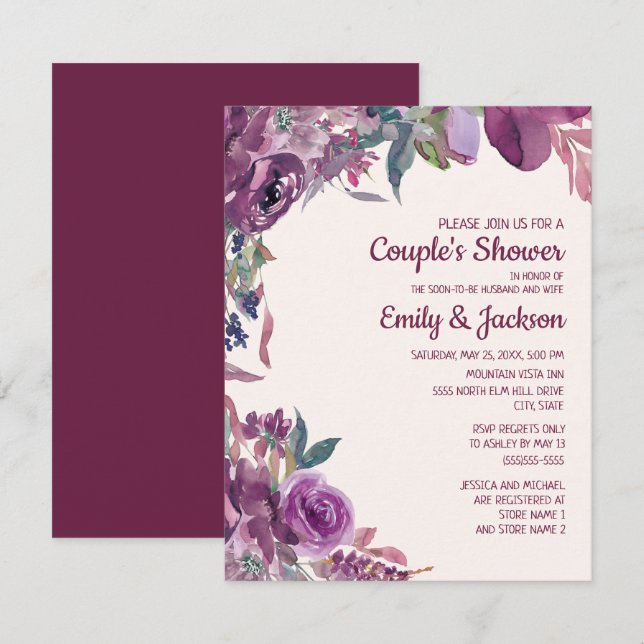 Invitation Boho Lilac Plum violet Mariage de couple floral (Devant / Derrière)