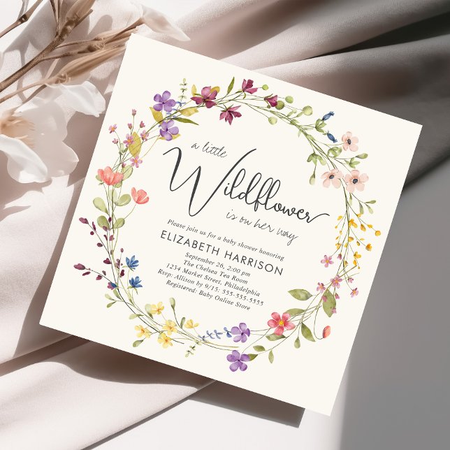 Invitation Boho Little Fleur sauvage Aquarelle bébé fille dou (Créateur téléchargé)