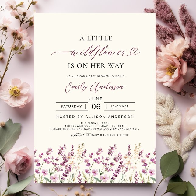 Invitation Boho Little Fleur sauvage Purple Lavender Baby sho (Créateur téléchargé)