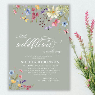 Invitation Boho Little Fleur sauvage Script Baby shower vert