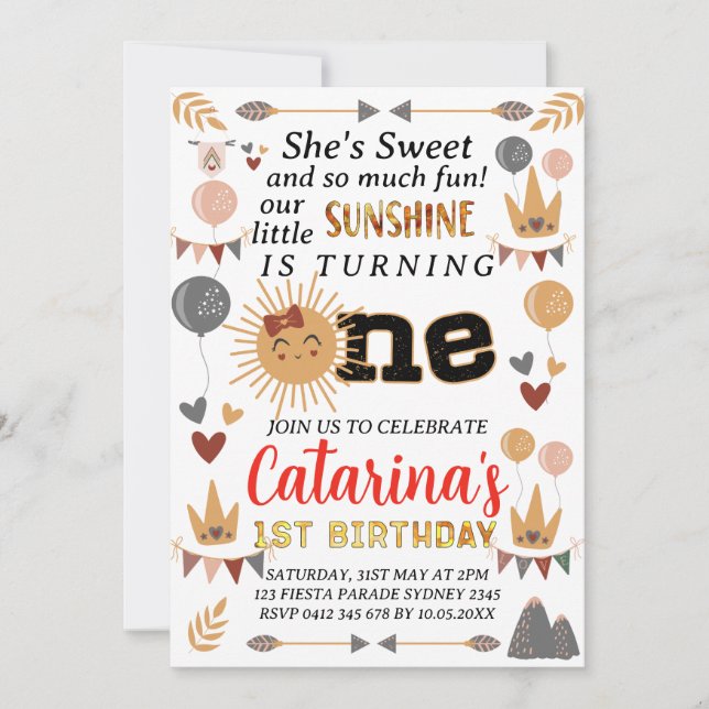 Invitation Boho Little Sunshine, 1er anniversaire Sun Baby Gi (Devant)