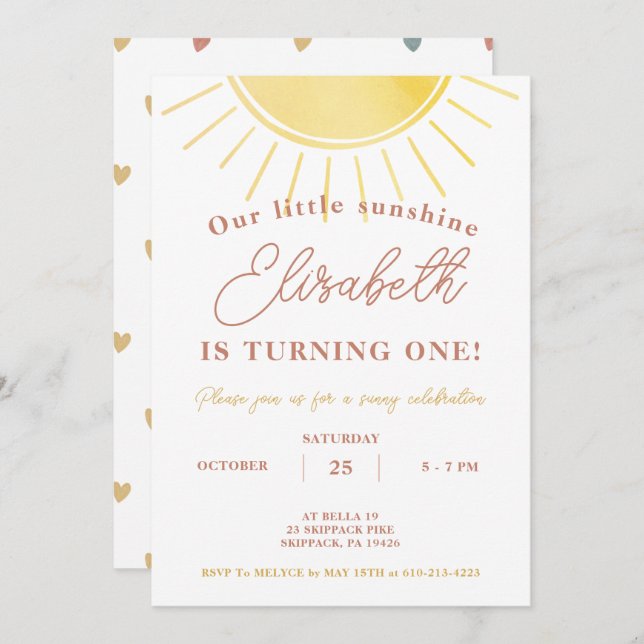 Invitation Boho Little Sunshine Aquarelle Anniversaire (Devant / Derrière)