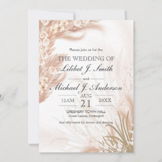 Invitation Boho Mariage Coral Rose Pampas Grass Aquarelle