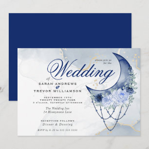 Invitation Boho Mariage Ésotérique Marine Bleu Croissant Lune
