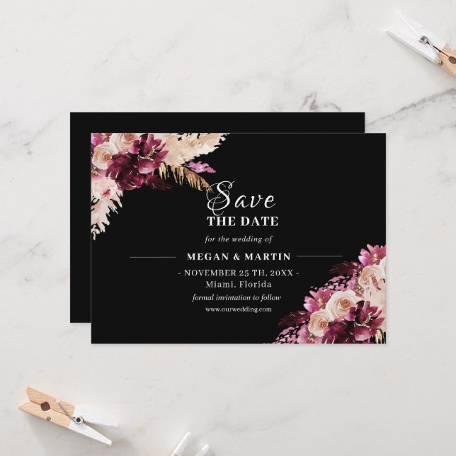Invitation Boho Mariage Floral Noir Enregistrer la date Invit (Devant/Arrière en situation)