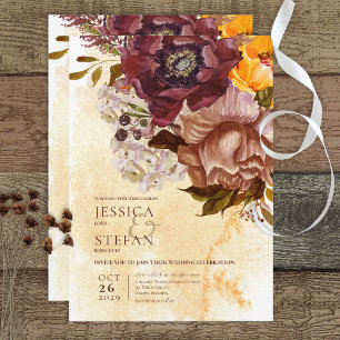 Invitation Boho Marsala Argile & Bouquet Jaune Mariage Jaune