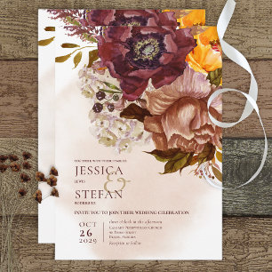 Invitation Boho Marsala Argile & Jaune Tan Bouquet Mariage