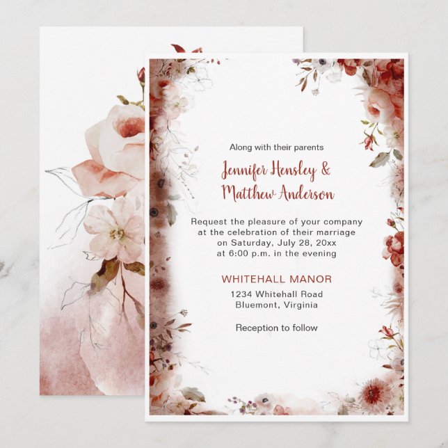 Invitation Boho Marsala Bourgogne Floral Mariage (Devant / Derrière)