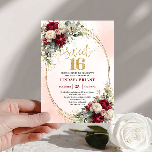 Invitation Boho Marsala Or Élégant Fleurs Sweet Sixteen