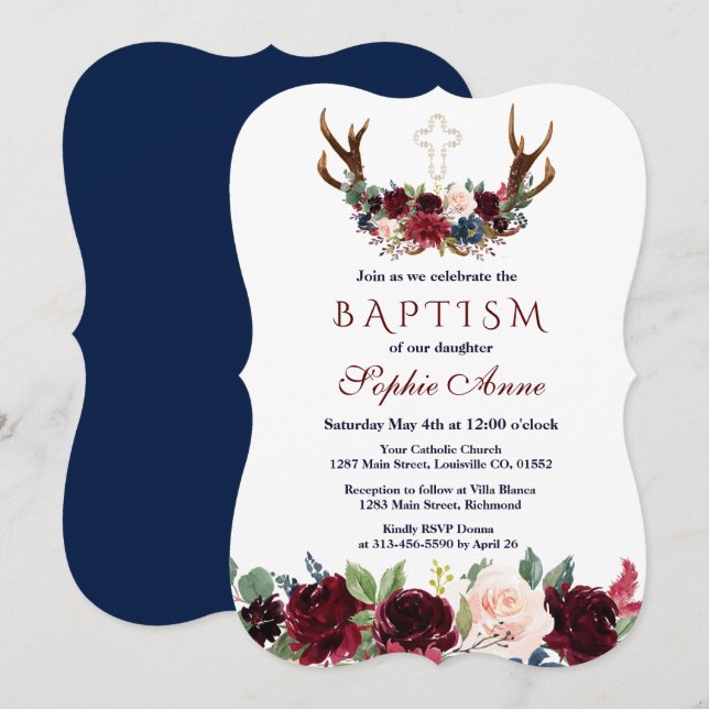 Invitation Boho Merlot Marine Bleu Floral Antlers Baptême (Devant / Derrière)