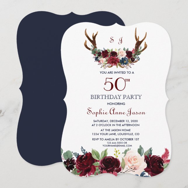 Invitation Boho Merlot Marine Blue Floral Antlers 50e anniver (Devant / Derrière)