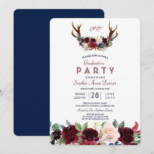 Invitation Boho Merlot Marine Blue Floral Antlers Graduation