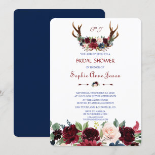 Invitation Boho Merlot Navy Blue Floral Antlers Fête des mari