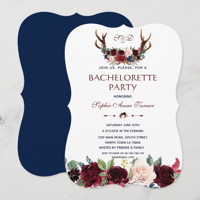 Invitation Boho Merlot Navy Floral Antlers Bachelorette Party (Devant / Derrière)