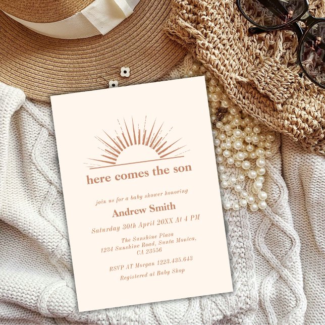 Invitation Boho Minimal Ici Vient Le Baby shower Fils (Minimal Boho Here Comes The Son Baby Shower Invitation)