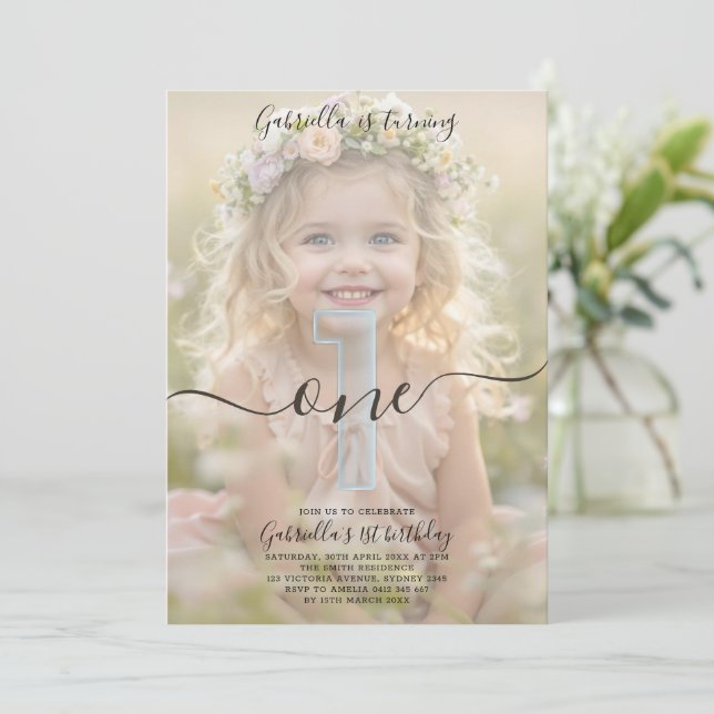 Invitation Boho Minimalist One Girl Photo 1st Birthday  (Debout devant)