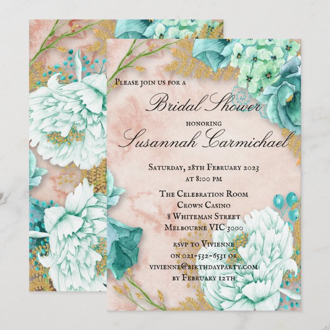 Invitation Boho Mint Green et Blush Floral Fête des mariées I (Devant / Derrière)