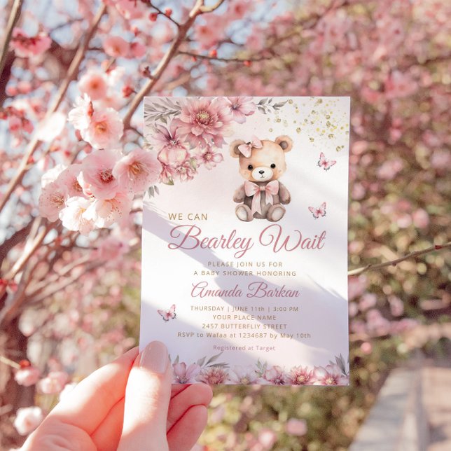 Invitation Boho Moderne Aquarelle Teddy Bear Girl Baby shower (Créateur téléchargé)