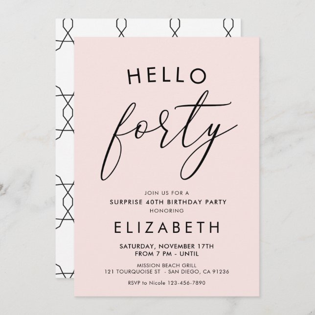 Invitation Boho moderne Blush 40e anniversaire Bonjour quaran (Devant / Derrière)