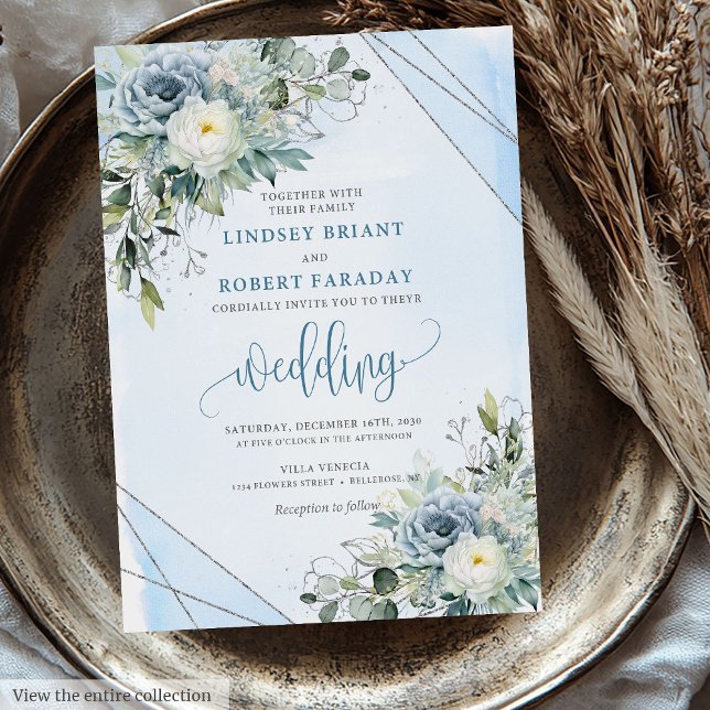 Invitation Boho moderne Dusty Bleu Argent Roses de mariage In (Modern Boho Dusty Blue Silver Roses Wedding Invitation)