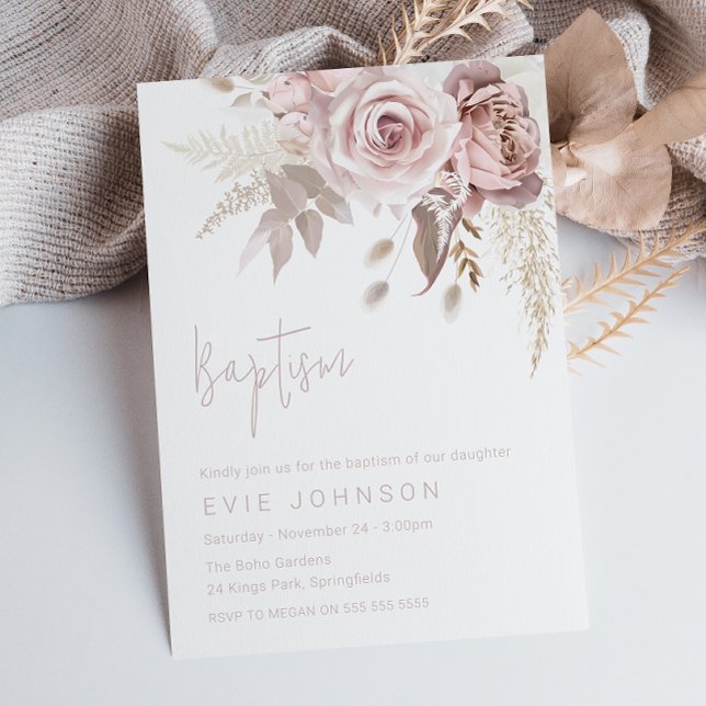 Invitation Boho moderne Dusty Rose & Blush Floral Baptisme (Créateur téléchargé)
