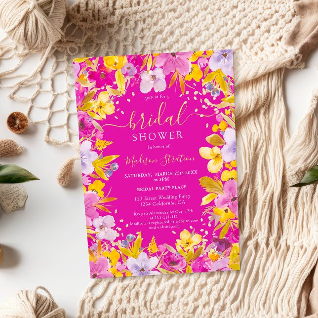 Invitation Boho moderne lavande violet lavande fleurie douche (Boho modern purple lavender floral bridal shower invitation on hot pink)