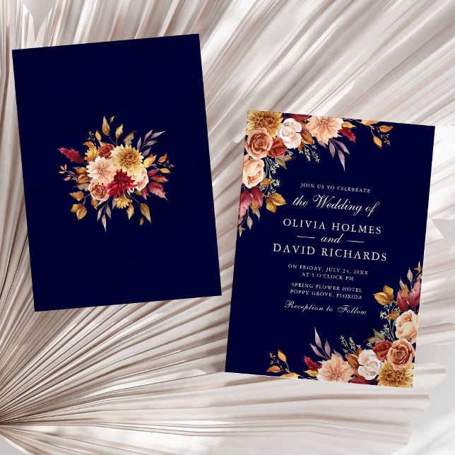 Invitation Boho Moderne Marine Bleu Brûlé Orange Floral Maria (Boho Modern Navy Blue Burnt Orange Floral Wedding Invitation on a sunny neutral dry palm leaf.)
