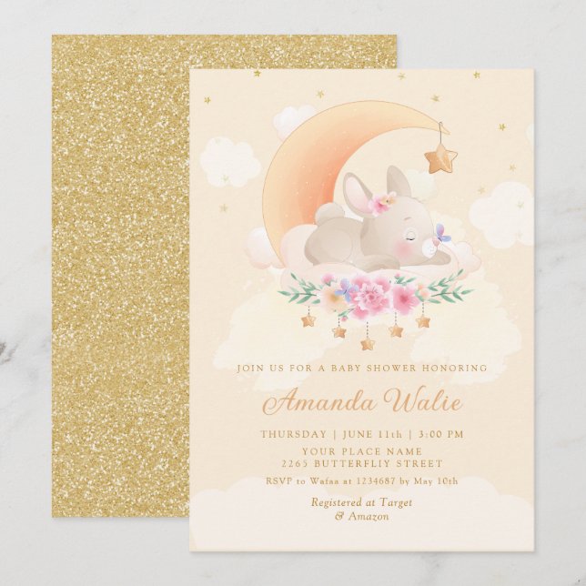 Invitation Boho moderne mignon Aquarelle Bunny Girl Baby show (Devant / Derrière)