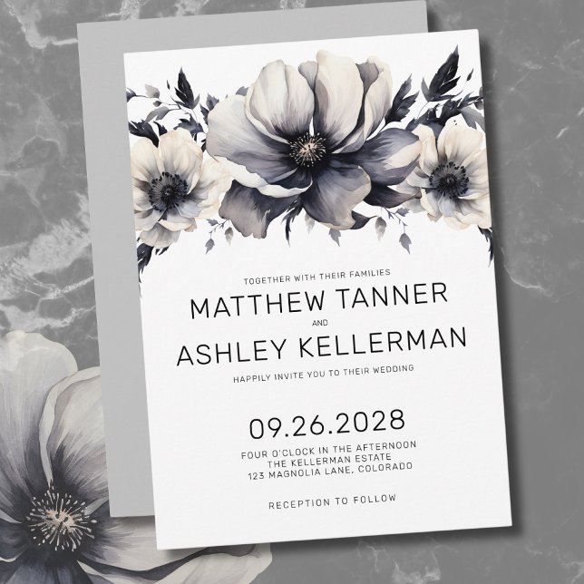 Invitation Boho moderne noir blanc Mariage Floral (Unique Boho Black White Watercolor Floral Wedding Invitation)