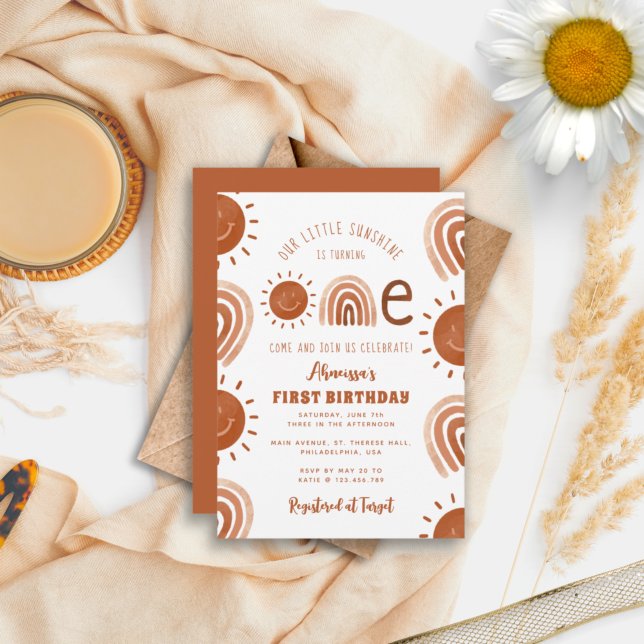 Invitation Boho moderne Rainbow Sunshine Un premier anniversa (Créateur téléchargé)