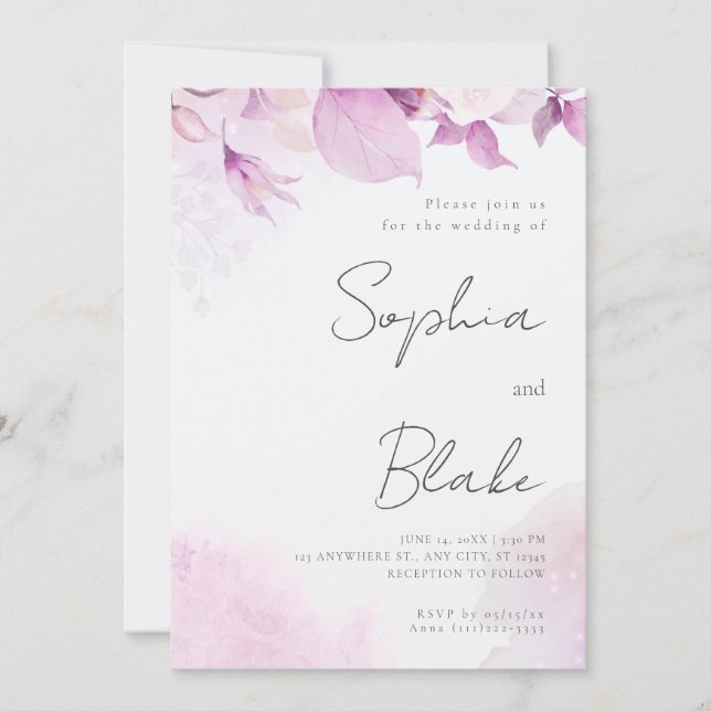 Invitation Boho moderne rose doux Floral et Feuille (Devant)