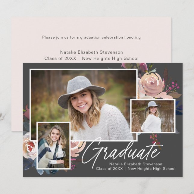 Invitation Boho moderne trois photo Floral Graduation Party (Devant / Derrière)