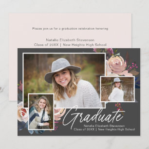 Invitation Boho moderne trois photo Floral Graduation Party