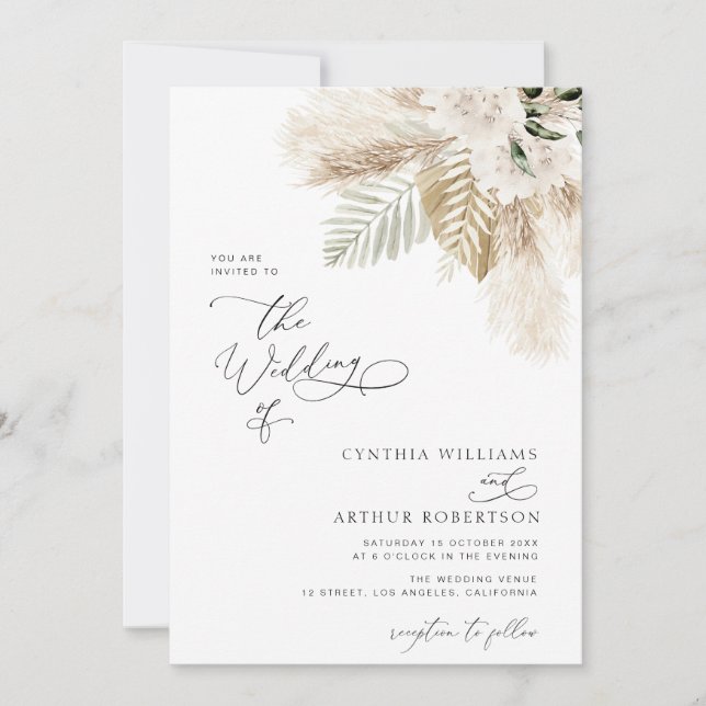 Invitation boho moderne verdure pampas herbe (Devant)