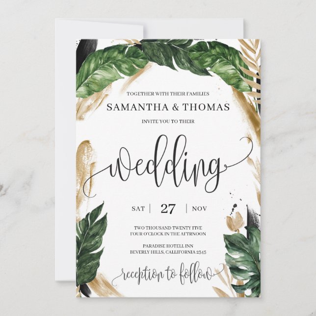 Invitation Boho moderne vert tropical mariage d'or feuille (Devant)