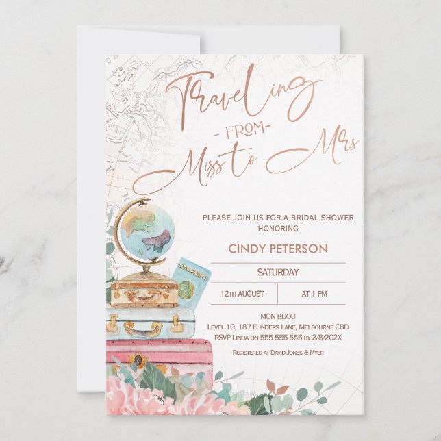 Invitation Boho moderne Voyager Mlle à Mme Fête des mariées (Devant)