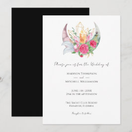 Invitation Boho Moon Crystals Plumes rose Fleurs Mariage