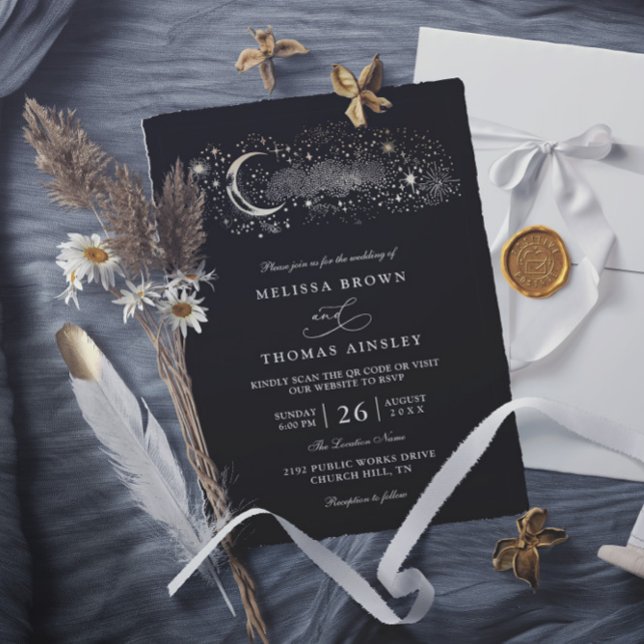 Invitation Boho Moon Stars Celestial Black QR Code Wedding (Créateur téléchargé)