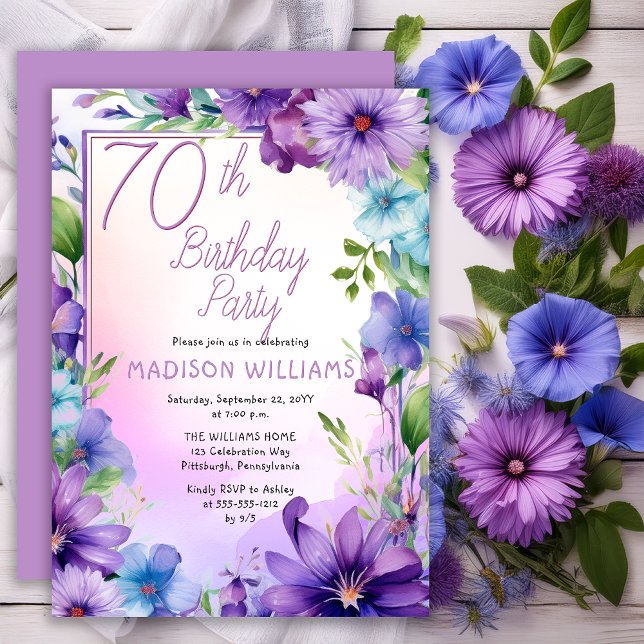 Invitation Boho Morning Glories Floral 70th Birthday Party (Elegant Boho Aster | Morning Glories Floral 70th Birthday Party Invitation Print | Digital Download)