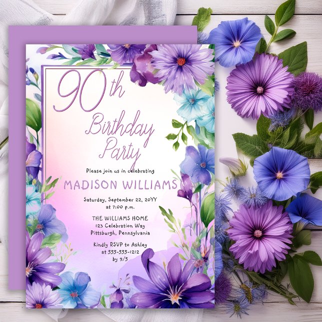 Invitation Boho Morning Glories Floral 90th Birthday Party (Elegant Boho Aster | Morning Glories Floral 90th Birthday Party Invitation Print | Digital Download)