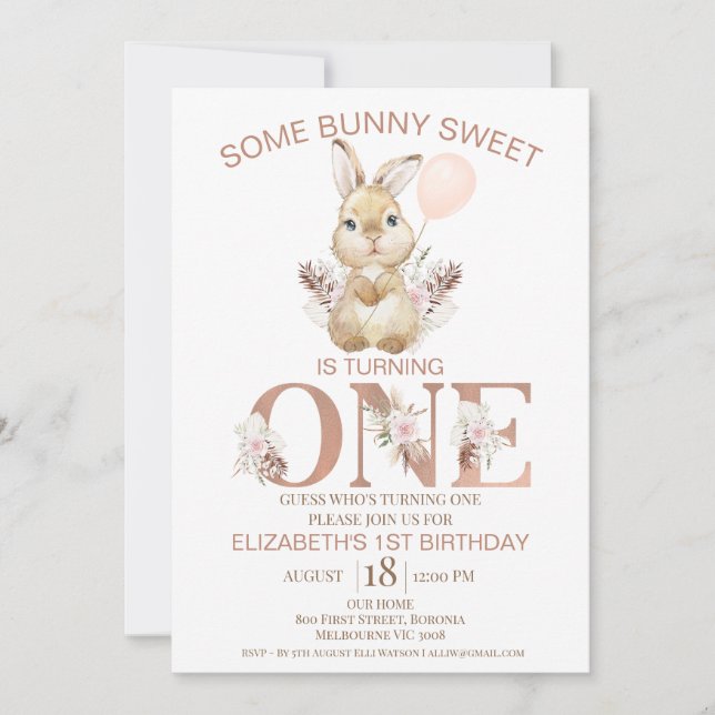 Invitation Boho Mot Floral Lapin Lapin 1er Anniversaire (Devant)